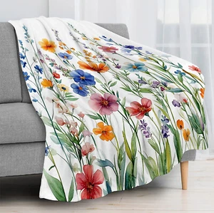 Spring Green Leaves Blue Wildflower Throw Blanket for Couch Bed Sofa Office - Picture 1 of 6