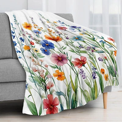Spring Green Leaves Blue Wildflower Throw Blanket for Couch Bed Sofa Office - Image 1 of 4
