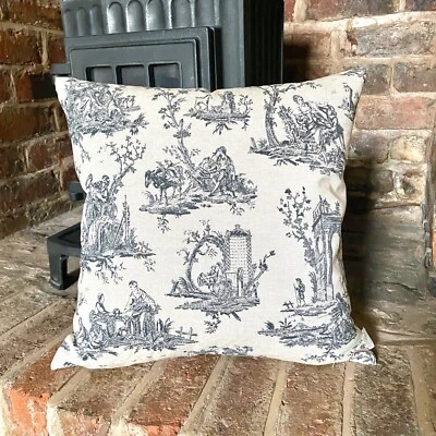 1003. Black Toile De Jouy 100% Cotton Linen Look Cushion Cover - Image 1 of 3
