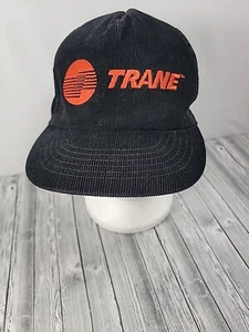 VTG TRANE HVAC AC LOGO BLACK CORDUROY USA MADE 80s 90s SNAPBACK TRUCKER HAT CAP - Picture 1 of 5