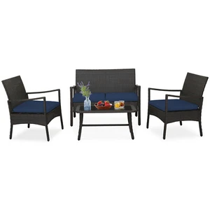 4PCS Patio Rattan Wicker Furniture Set Cushioned Sofa Armrest Coffee Table Navy - Picture 1 of 9
