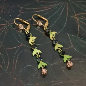 Michal Negrin Earrings Long Delicate Dainty Leaf Links Green Black Crystal Drop - Picture 1 of 9
