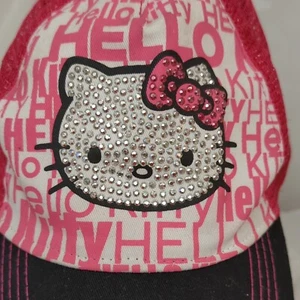 Hello Kitty Girls Ball Cap Mesh Bling Rhinestones Pink Black Sanrio pink bow  - Picture 1 of 10