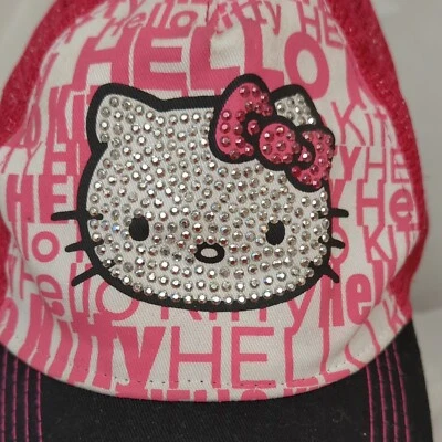Hello Kitty Girls Ball Cap Mesh Bling Rhinestones Pink Black Sanrio pink bow  Foto 1 de 4