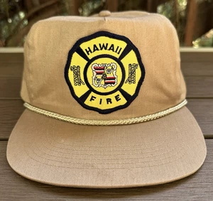 1980s Hawaii Fire Department Logo Patch Tan Brown Snapback Hat Cap Rope San Sun - Picture 1 of 11