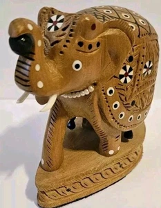 Wood Elephant Up Trunk Statue with Base Animal Figurines Showpiece Decor - Picture 1 of 10