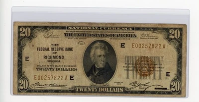 1929 $20 Reserva Federal Banco de Richmond, VA SELLO MARRÓN F Foto 1 de 2