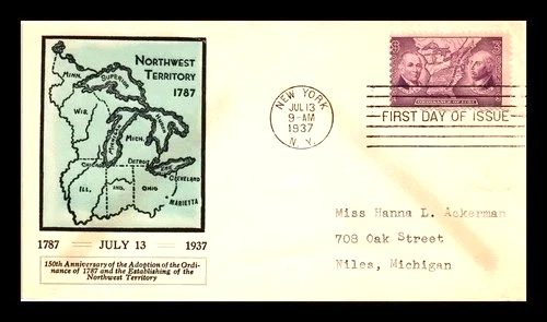 1937 Northwest Ordinance  FDC #795 BLUE LINPRINT  MAP Cachet  FDC - Image 1 of 1