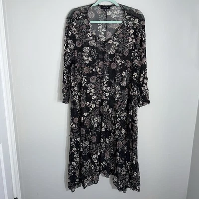 Comfy USA Midi Dress-Semi Sheer Mesh-Black Floral-Lagenlook-Size 2X - Image 1 of 4