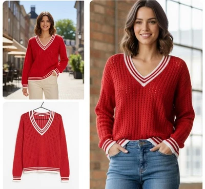 Ladies Marks Open Knit Jumper Long Sleeved Cotton Rich Knit Crochet Red Sweater - Image 1 of 4