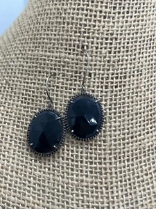 Vintage Sterling Silver Dangle Earrings Black Glass Cabochon Faceted Circle Hook - Picture 1 of 5