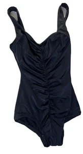Vintage 70s Womens Small Black Ruched Sweetheart One Piece Swim Suit Pin-Up - Picture 1 of 7