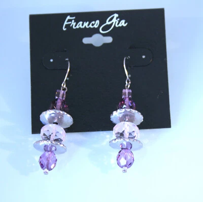 Pendientes colgantes disco plata tono morado cuentas cristal, disco plata 2 1/4" Franco Gia Foto 1 de 2