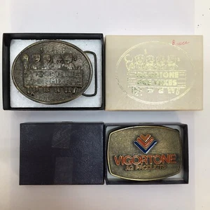 Vintage Vigortone Ag Products Belt Buckles Lot Of (2) Includes “Pigs In Tuxedos” - Picture 1 of 9