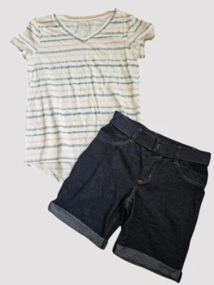 * OLD NAVY Striped Top CIRCO Denim Look Stretchy Shorts Girls Size 7-8 - Image 1 of 4