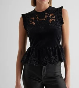 Express WOMENS VELVET CREW Neck Lace Embroidered Peplum TOP BLACK - Picture 1 of 4