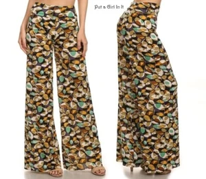 New Womens HIGH WAISTED FOLDOVER TAUPE TROPICAL BOHO SILKY PALAZZO PANTS S M L - Picture 1 of 6