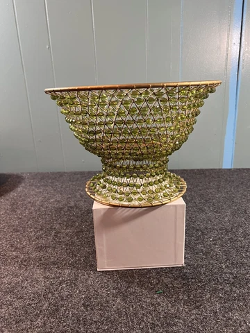 Vtg Wire Metal and Beaded Basket Bread Bowl Green Iridescent glass bead Handmade Cover
