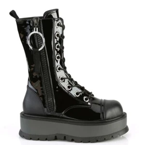 Demonia Slacker-220 Shiny Black Vegan Leather O-Ring Platform Boots • Ships i... - Picture 1 of 4