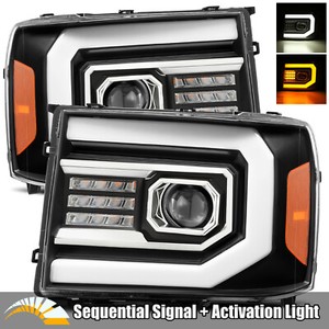 For 2007-2013 GMC Sierra Sequential Signal/DRL Black Dual Projector Headlights