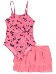 Kensie Girl Girls' 2-Piece Swimsuit Skirt Set Color: neon coral Size: 4 - Picture 1 of 9