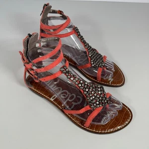 Sam Edelman Ginger Beaded Gladiator Sandals Red Orange Leather Women Size 7.5 - Picture 1 of 13
