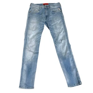 Replay Mens Jeans W32 L30 Light Wash Blue Anbass Slim Stretch Denim Zip Ripped - Picture 1 of 14