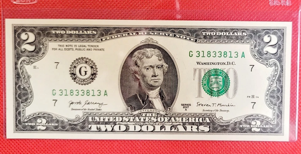 2017 A $2 Federal Reserve Note REAL RADAR Serial G31833813A– Fancy Number UNC - Image 1 of 2