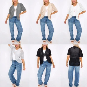 Women's Knitted Bolero Shrug Short Sleeve Tie Front Cardigan Summer Top - Picture 1 of 10