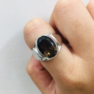 Big Oval Smoky Quartz Gemstone Ring For Men 925 Silver ring For Men Jewelry - Picture 1 of 7