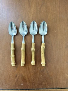 VTG 1960s Bamboo Handled S/4 Grapefruit SpoonsStainless Serrated Japan 6”L - Picture 1 of 4