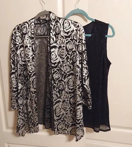 ONYX Nite 2 Pc Set Black & Silver Open Front Blouse & Sleeveless Blouse Large - Picture 1 of 9