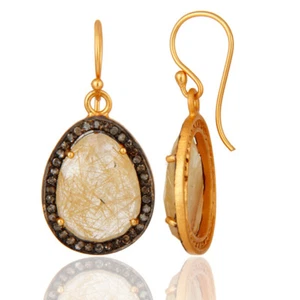 Golden Rutile Pave Diamond 18K Gold Plated 925 Sterling Silver Dangle Earrings - Picture 1 of 3