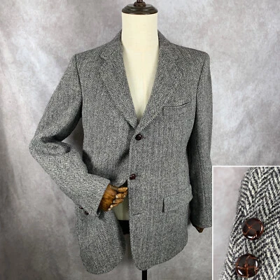 Jaqueta Harris Tweed Blazer Masculina 44 Cinza Espinha de Arenque Casaco Esportivo Lã Antiga - Imagem 1 de 4