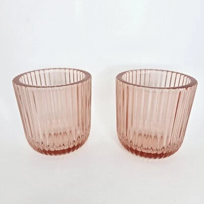 Pink Stripe Clear Glass Bathroom Accessory Makeup Qtip Brush Holders Set Of 2  - Image 1 of 4