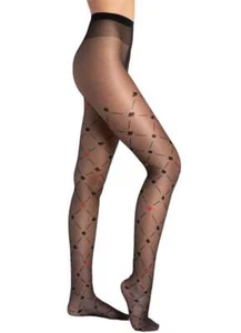 Fiore Poker 15 Denier Tights, Sheer Black Hosiery with Card Motif & Red Hearts - Picture 1 of 4