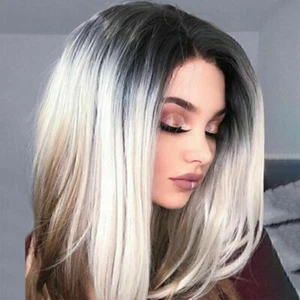 Damen Blond Gold Ombre Volle Perücke Bob Echthaar Glattes Wigs Perücken Cosplay - Bild 1 von 6