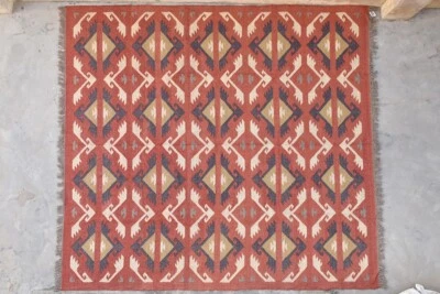 Bedroom Rust Kilim Floor Rug 8x9 Large Jute Wool Kilim Flat Weave Hand Woven - Image 1 of 4