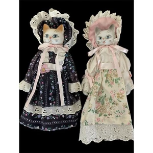 Porcelain Cat Head Dolls 8" & 9" Rare Lot of 2 Vintage - Picture 1 of 6
