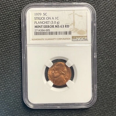 1979 5C Struck on 1C Planchet Mint Error MS 63 RD NGC Red Jefferson Nickel Cent - Image 1 of 4