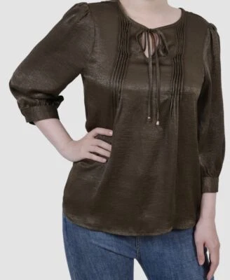 NY Collection Women's Green Elbow Length Sleeve Satin Blouse Size L - Imagem 1 de 2