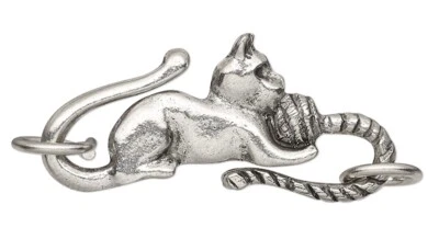 2 Sets Antiqued Pewter 29x13mm Cat with Yarn S Hook Clasps with 2 Rings - Image 1 of 2
