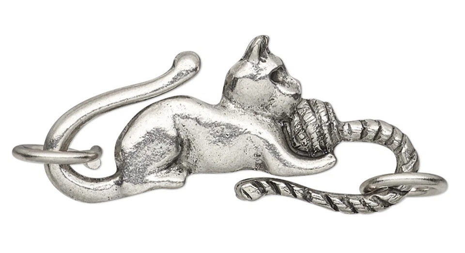 2 Sets Antiqued Pewter 29x13mm Cat with Yarn S Hook Clasps with 2 Rings - Image 1 of 2