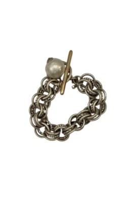 Pulseira e pérola vintage John Wind elos triplos prata tom dourado - Imagem 1 de 4