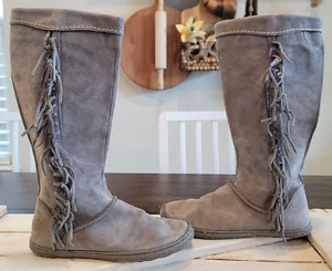 UGG Mammoth Moccasins Leather Gray Taupe Suede Fringe Knee High Tall Boots sz 8 - Picture 1 of 14