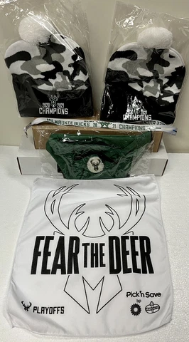 MILWAUKEE BUCKS 2021 CHAMPIONS BEANIES(2)/NECK LANYARD/RALLY TOWEL & FANNY PACK Cover