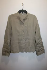 EILEEN FISHER LIGHT BUTTON-FRONT JACKET 100% IRISH LINEN TAN BEIGE SIZE L - Picture 1 of 5