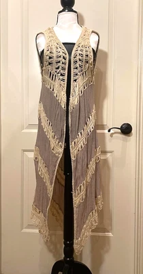 Chaleco Umgee Mujer Tostado y Marfil Largo Frente Abierto Crochet/Tela Talla M Foto 1 de 4