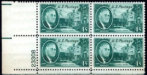 SC# 930 - 1945 - 1¢ F.D.R. and Hyde Park - Mint NH Plate Block of 4 - Picture 1 of 1