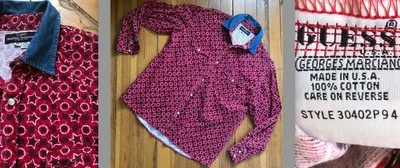 VTG '93 GUESS GEORGES MARCIANO SHIRT RED CORDUROY WHITE STARS DENIM COLLAR M EUC - Image 1 of 4
